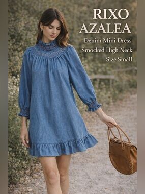 Rixo Azalea Denim Mini Dress Smocked High Neck Long Sleeve Blue Size Small